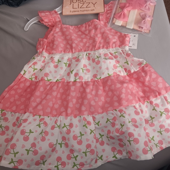 Girls Size 12 Month, Just Lizzy Pink and White Cherry Dress With Hair Accessorie - Picture 1 of 3